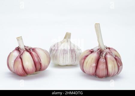 Tre teste di aglio (Allium sativum), con le loro unità ancora nel bulbo, una con la buccia e due senza, su sfondo neutro Foto Stock