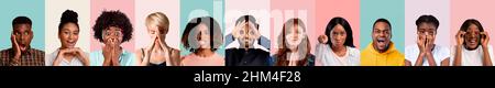 Millennial eleganti che mostrano emozioni brillanti, set di foto da primo piano Foto Stock