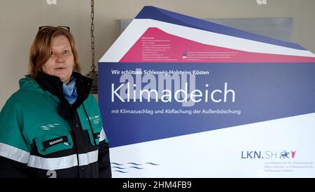 07 febbraio 2022, Schleswig-Holstein, Nordstrand: Birgit Matelski, direttore dell'Ufficio statale Schleswig-Holstein per la protezione costiera, il parco nazionale e la conservazione della marina, si trova nel corso di un briefing mediatico sulla strategia di protezione delle coste. In considerazione del previsto aumento del livello del mare e delle forti tempeste, il proseguimento del programma di rafforzamento della diga riveste particolare importanza per lo stato dello Schleswig-Holstein. Secondo il ministero, circa un quarto della superficie dello Schleswig-Holstein è potenzialmente a rischio di picchi di tempesta. Più di 330.000 persone vivono in alcune parti dello stato Foto Stock