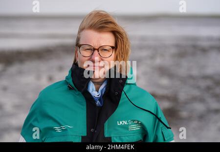 07 febbraio 2022, Schleswig-Holstein, Nordstrand: Birgit Matelski, direttore dell'Ufficio statale Schleswig-Holstein per la protezione costiera, i parchi nazionali e la conservazione della marina, si trova su una diga della costa del Mare del Nord durante un briefing mediatico sulla strategia di protezione della costa. In considerazione del previsto aumento dei livelli del mare e di forti picchi di tempeste, il proseguimento del programma di rafforzamento della diga riveste particolare importanza per lo stato dello Schleswig-Holstein. Secondo il ministero, circa un quarto della superficie dello Schleswig-Holstein è potenzialmente a rischio di picchi di tempesta. Più di 330, 0 Foto Stock