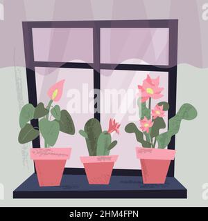 Finestra con cactus e un'altra casalinga in pentole su davanzale. Illustrazione cartoon piano vettoriale. Camera interna carina e accogliente con piante di casa e curta Illustrazione Vettoriale