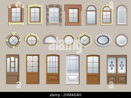 Una serie di finestre e porte classiche diverse. Illustrazione Vettoriale