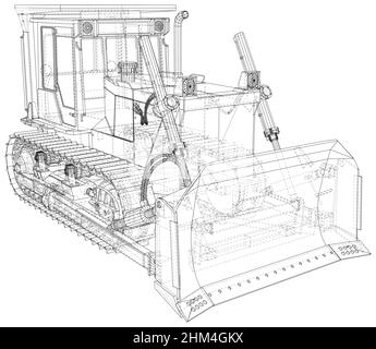 Apripista. Trattore disegnato con linee a reticolo su sfondo bianco Illustrazione Vettoriale