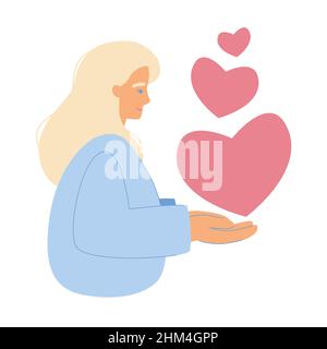 Ragazza felice che condivide l'amore, i cuori nelle mani, la salute mentale, la cura di sé e l'ispirazione di amore. Biglietto di auguri per l'illustrazione vettoriale del giorno di Mothers o San Valentino Illustrazione Vettoriale
