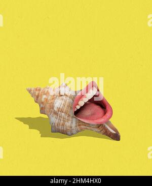 Design creativo. Collage d'arte contemporanea. Conchiglia di mare con bocca femmina risata gigante isolata su sfondo giallo Foto Stock