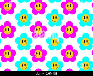 Sorriso emoji faccia in fiore senza cuciture modello, moda groovy. Fiore powerbackground. Illustrazione vettoriale. Illustrazione Vettoriale