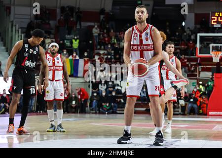Giancarlo Ferrero #21 di Pallacanestro Varese OpenJobMetis in azione durante il basket italiano LBA Lega Basket Una gara stagionale 2021/22 tra OpenJobMetis Varese e Virtus Segafredo Bologna all'Enerxenia Arena di Varese, Italia, il 06 febbraio 2022 Foto Stock