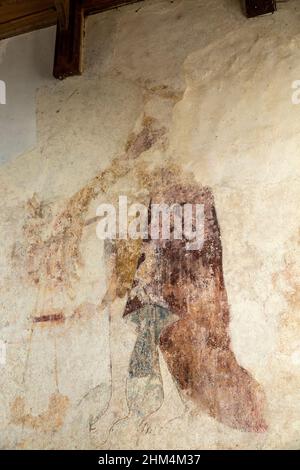 Pittura medievale del muro, chiesa di Hessett, Suffolk, Inghilterra, Regno Unito - Battesimo di Cristo Foto Stock