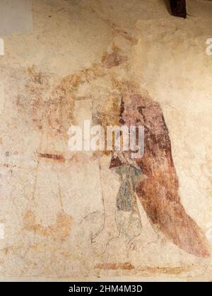 Pittura medievale del muro, chiesa di Hessett, Suffolk, Inghilterra, Regno Unito - Battesimo di Cristo Foto Stock