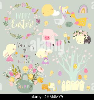 Cartoon Pasqua ambientato con conigli, animali da fattoria e fiori Illustrazione Vettoriale