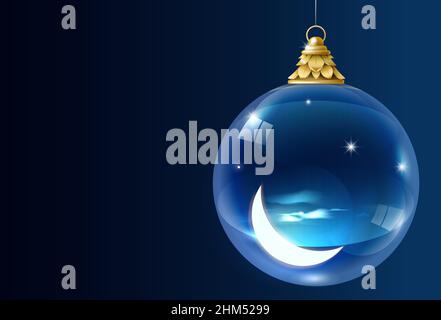 Ghirlanda di vetro di Natale con una luna crescente e stelle. Grafica vettoriale. Notte di nuovo anno. Illustrazione Vettoriale