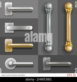 Set di maniglie per porte e finestre in stili diversi, in grafica vettoriale con ombre trasparenti. Illustrazione Vettoriale