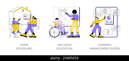 Curriculum scolastico privato concetto astratto vettore illustrazione set. Homeschooling, educazione inclusiva, sistema di gestione dell'apprendimento, tutor online, piano individuale, metafora astratta del dispositivo mobile. Illustrazione Vettoriale