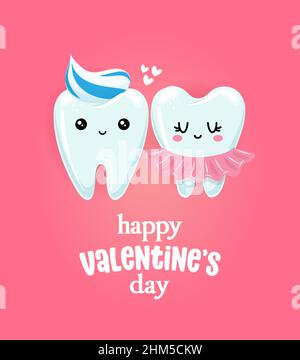 Buon San Valentino - coppia di denti design personaggio in stile kawaii. Toothfairy disegnato a mano con una divertente citazione. Buono per poster di prevenzione scolastica, gre Illustrazione Vettoriale