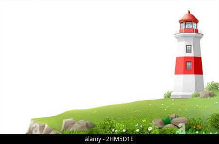 Faro su una collina verde sopra il mare Illustrazione Vettoriale