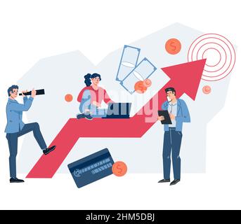Business persone che incoraggiano per l'aumento del profitto. Amministrazione finanziaria, vettore. Illustrazione Vettoriale