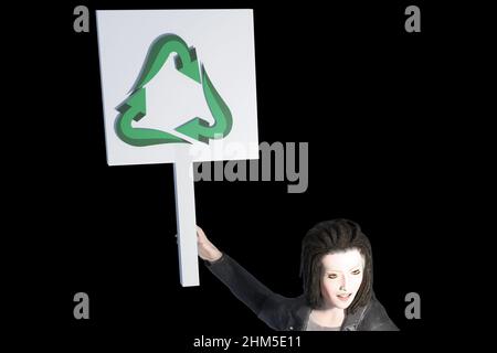 Realistico 3D illustrazione donna attivista del movimento ecologico tenendo in mano un segno con il simbolo di riciclaggio per evitare l'inquinamento Foto Stock