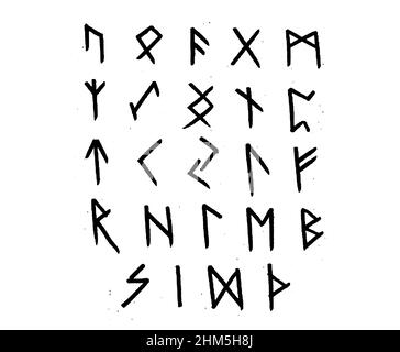 Rune vichinghe, alfabeto futhark anziano. Rune scandinave retro norse. Tracciare lettere celtiche antiche. Vecchie icone hieroglifiche occulte. Illustrazione Vettoriale