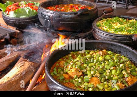 Stufato di pollo con okra nel forno a legna Foto Stock