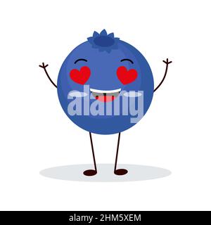 Simpatico personaggio di mirtillo felice. Divertente emoticon di frutta in stile piatto. eps 10 Illustrazione Vettoriale