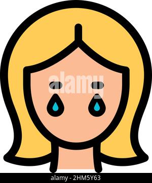 Donna che piange, pms o menopausa sintomi, emozioni e umore. Icona piatta in stile design alla moda. Umore femminile. Colore vettoriale icona semplice isolato su whit Illustrazione Vettoriale