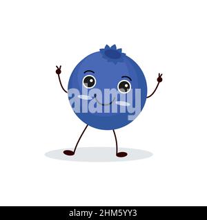 Simpatico personaggio di mirtillo felice. Divertente emoticon di frutta in stile piatto. eps 10 Illustrazione Vettoriale