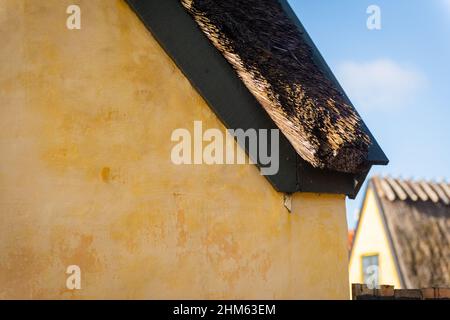 Tetto di paglia in cima a quelli gialli della splendida Dragor Danimarca Foto Stock