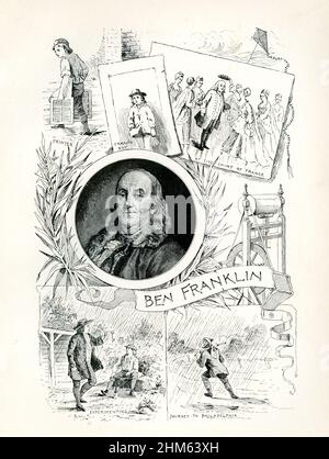 Questa illustrazione presenta diversi aspetti della vita di ben Franklin. Dall'alto, da sinistra a destra, sono: Stampante, ragazzo errand, la corte della Francia,' in basso, da sinistra a destra: Sperimentare, viaggio a Philladelphia. Benjamin Franklin (1706-1790) è nato a Boston e poi nel 1723 è andato a lavorare a Philadelphia come stampante. Uno dei Padri fondatori degli Stati Uniti, Franklin era un polimato americano che era attivo come scrittore, scienziato, inventore, statista, diplomatico, stampatore, editore e filosofo politico. Foto Stock