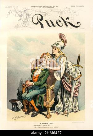 Una copertina American Puck Magazine dei primi anni del 20th secolo con un cartone animato che mostra Britannia indossando un abito decorato con sciamsassi, un braccialetto, casco, e con una grande spada al suo fianco, boschendo un uomo irlandese seduto su una sedia. Foto Stock