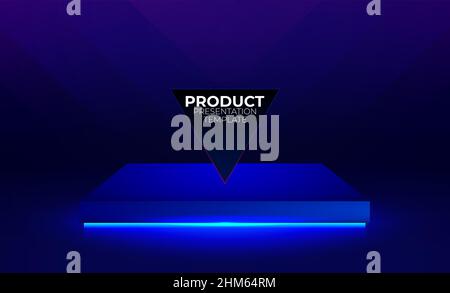 Futuristica piattaforma vuota con tecnologia fantascienza e luci al neon.Vector mockup. Riquadro quadrato, display del prodotto. Illustrazione Vettoriale