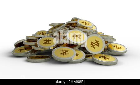 3D rendering di mucchio di astratto naira naira concetto monete nigeriane Foto Stock