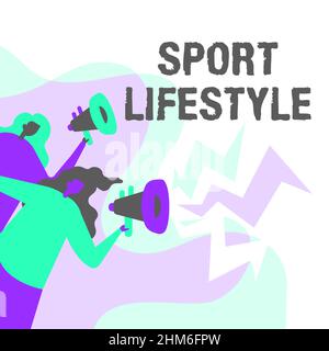 Testo della scrittura Sport Lifestyle. Concetto che significa Fond di sport o attività all'aperto fisicamente attivo Women Drawing Holding megaphones fare Foto Stock