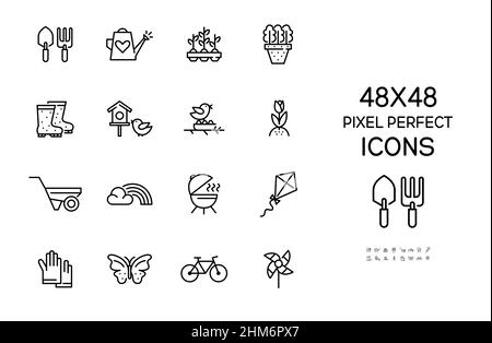 Attività di primavera e giardinaggio icone set. Come farfalla, bicicletta, piantine, arcobaleno, barbecue. Pixel Perfect, traccia modificabile 48x48 icone Illustrazione Vettoriale