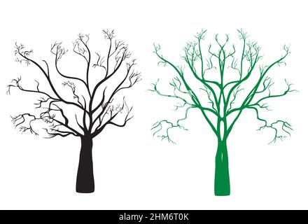 due alberi in nero l'altro in verde su sfondo bianco Illustrazione Vettoriale