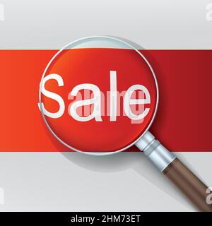 Vendita. Lente di ingrandimento su sfondo rosso. Illustrazione Vettoriale