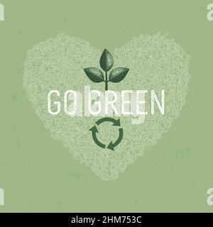 Icona cuore verde Eco. Immagine vettoriale con logo Recycle. Illustrazione Vettoriale