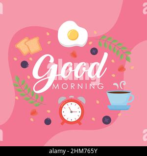 scritta del buon mattino con icone impostate Illustrazione Vettoriale