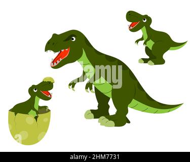 Un set di carino cartoon tirannosaurus dinosauri, un bambino in un uovo e un dinosauro adulto vettore isolato su uno sfondo bianco. Illustrazione Vettoriale