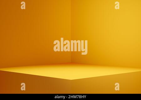 Display a piedistallo vuoto su sfondo giallo con supporto vuoto per la presentazione o la presentazione del prodotto. 3D rendering. Foto Stock