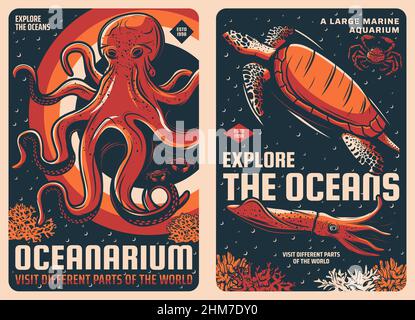 Octopus, calamari, tartarughe marine e granchio retro poster vettoriali di oceanarium. Animali marini, molluschi, rettili marini e crostacei, coralli e bolle, e altri animali Illustrazione Vettoriale