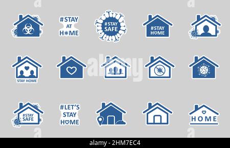 Rimani a casa. Set di adesivi sui social media di autoisolamento. Misure di distanziamento per prevenire la diffusione del virus. Icona Vector covid19 per le applicazioni, evidenziare copertina Illustrazione Vettoriale