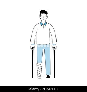 Infortunio uomo con osso gamba incidente e crutch ortopedico. Delineare il personaggio infortunato stile scarabocchio. Paziente malato. Illustrazione vettoriale. Illustrazione Vettoriale