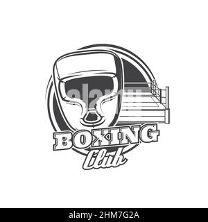 Icona vettore club pugilato con casco e anello boxer. Box attrezzature sportive e oggetti di protezione combattente, club sportivo pugilato, torneo di competizione o cha Illustrazione Vettoriale