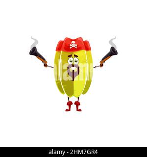 Carambola esotica stella di frutta pirata corsair emoticon isolato divertente fumetto personaggio con due pistole con fumo, pistole da tiro. Vettore frutti tropicali Illustrazione Vettoriale