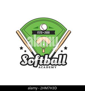 Icona di accademia di softball con due pipistrelli di legno, campo da gioco di palla e softball. Emblema vettoriale per il club sportivo, la scuola di softball o il campionato di squadra, Illustrazione Vettoriale