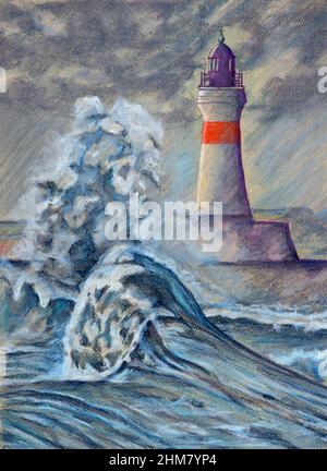 Pittura pastello del mare Stormy con grandi onde e faro. Foto Stock