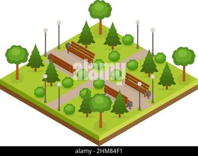 Parco cittadino isometrico verde con alberi, vicoli e panchine, illustrazione vettoriale Illustrazione Vettoriale