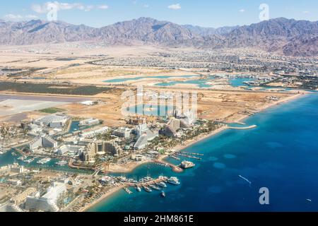 Eilat Israele spiaggia vista aerea foto città Mar Rosso Aqaba viaggio Foto Stock