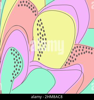 Disegnate forme astratte colorate. Doodle oggetti floreali, linee di petali, punti. Sfondo moderno e alla moda con motivi primaverili. Stampa, striscione, rivista, poster, v Illustrazione Vettoriale