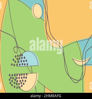 Disegnate forme astratte colorate. Doodle oggetti floreali, linee di petali, punti. Sfondo moderno e alla moda con motivi primaverili. Stampa, striscione, rivista, poster, v Illustrazione Vettoriale